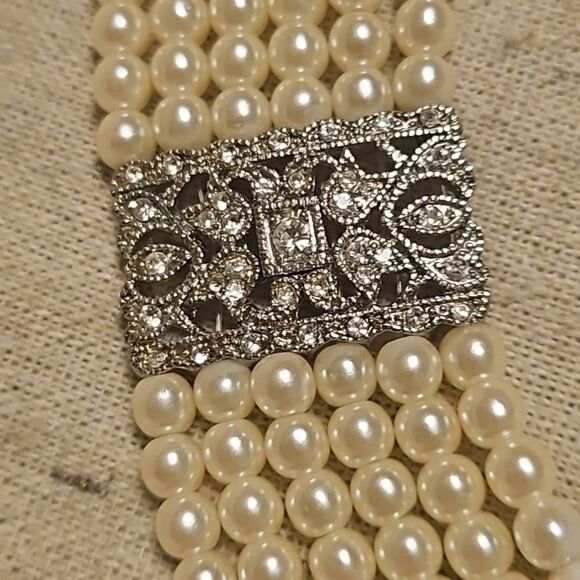 Vintage Eduardian Style Multistrand Faux Pearl Diamond Choker Necklace - Picture 7 of 11